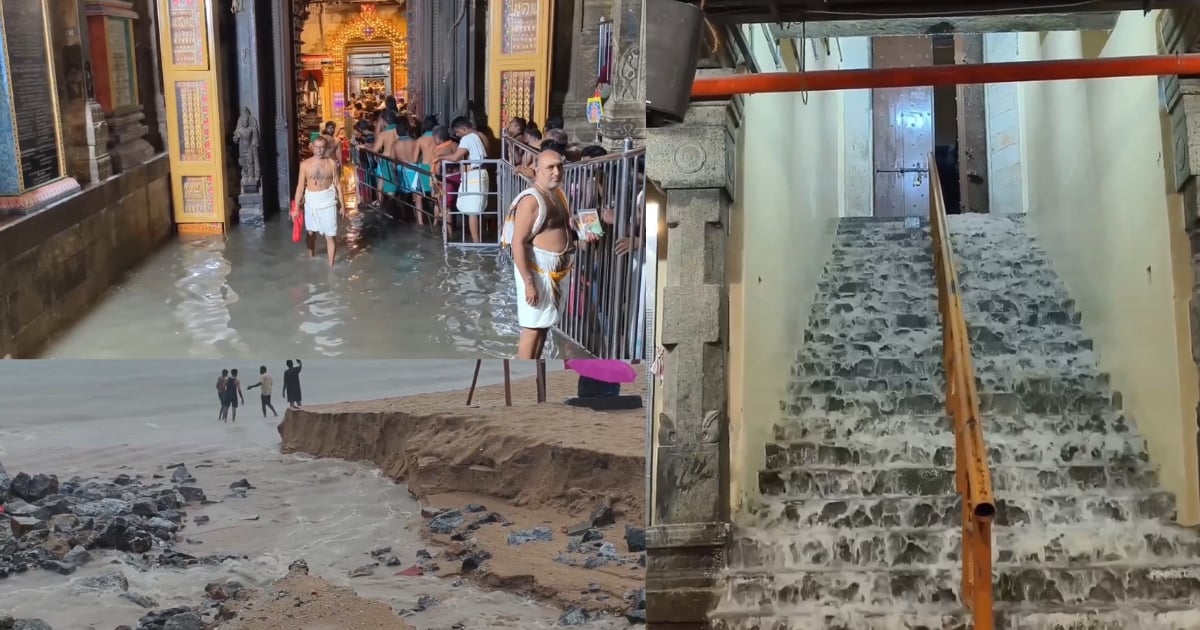 Rain water at the Murugan temple in Tiruchendur