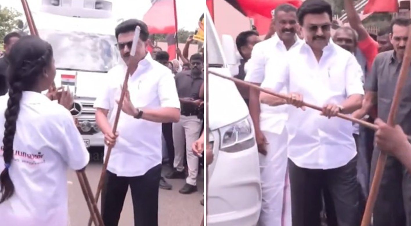 mkstalin play silambam with student in tenkasi