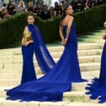 met gala 2026 yves klein blue fashion trend hailey bieber gold breastplate tessa thompson