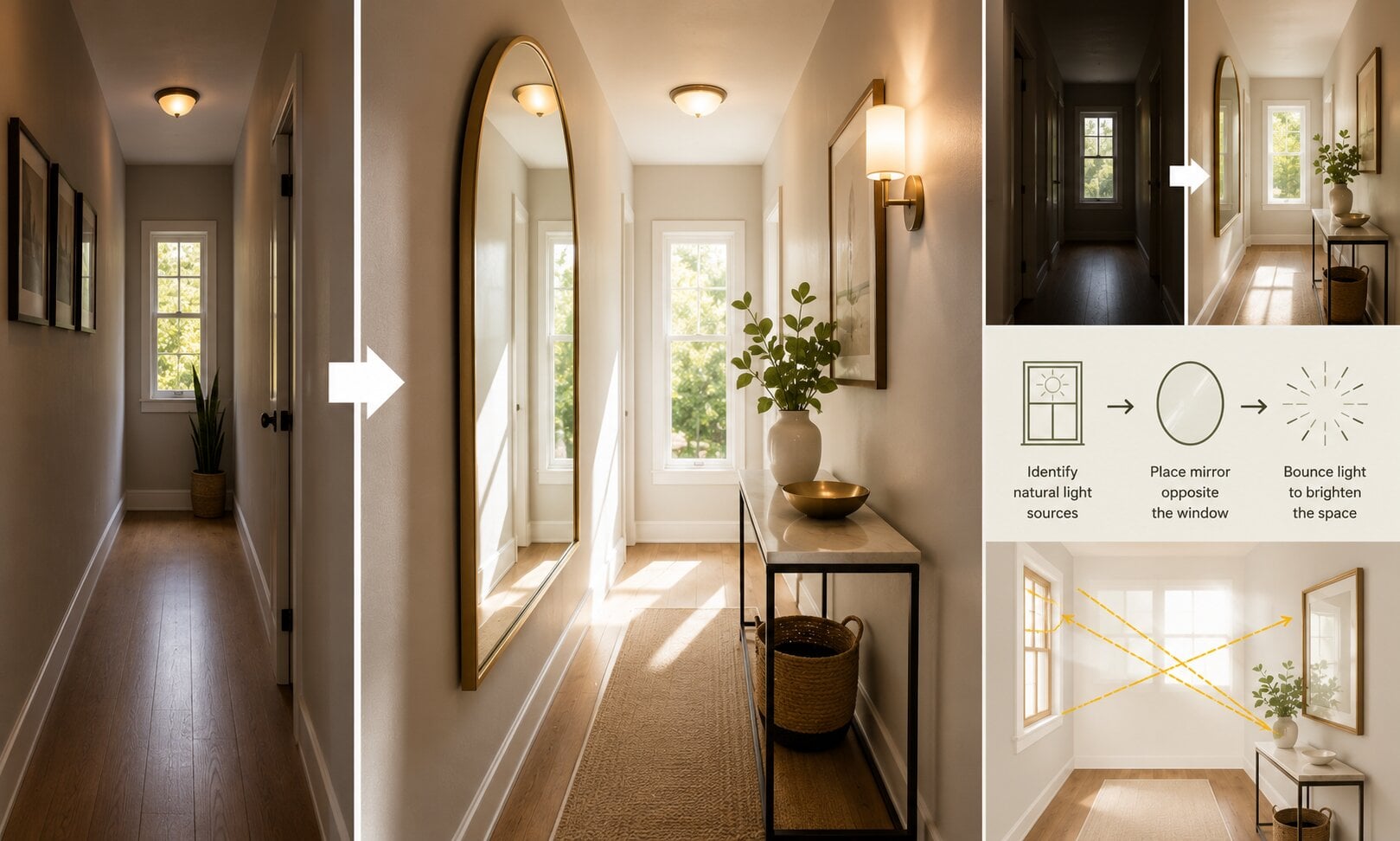 strategic mirror placement to bounce natural light into dark narrow hallways