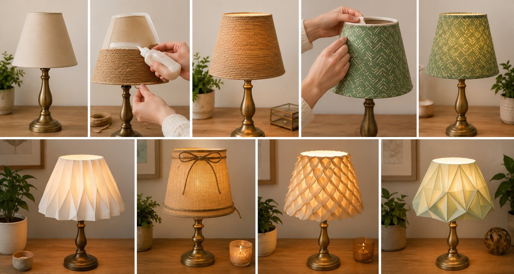 diy lamp shade upcycling thrift store lamps fabric glue twine paper origami
