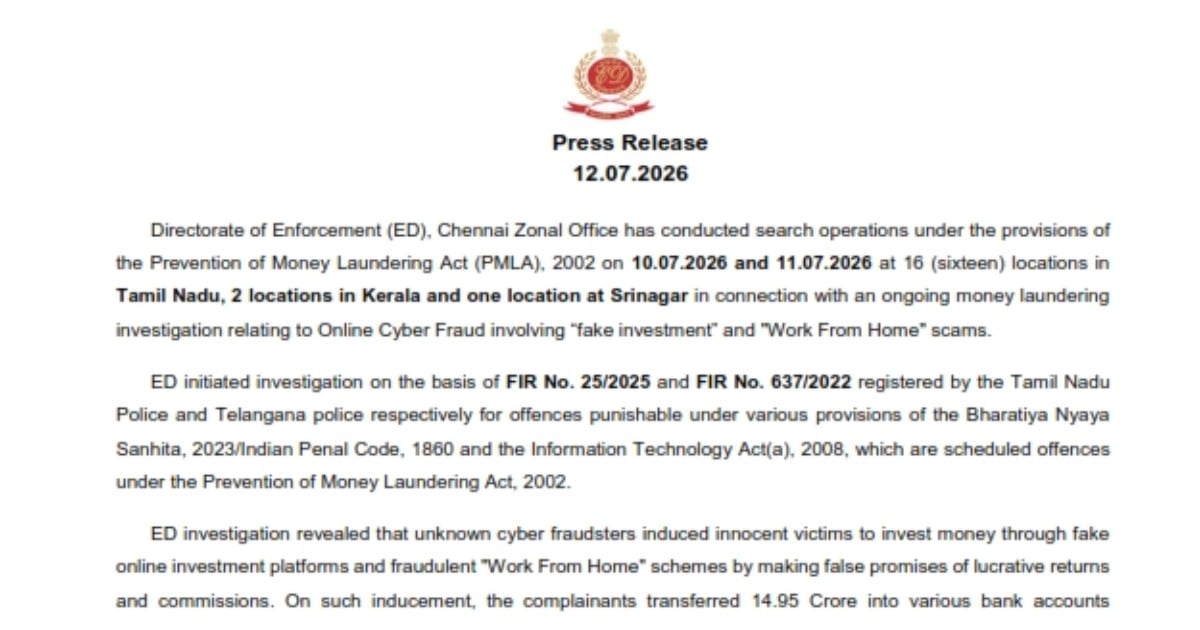 Work From Home" Scam: ED Seizes Rs. 3.35 Crore in Crypto Across 19 Locations