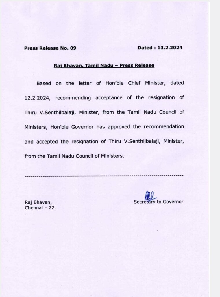 Why did Senthilbalaji resign?