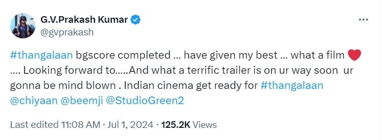 GV Prakash gave an update on "Thangalaan"